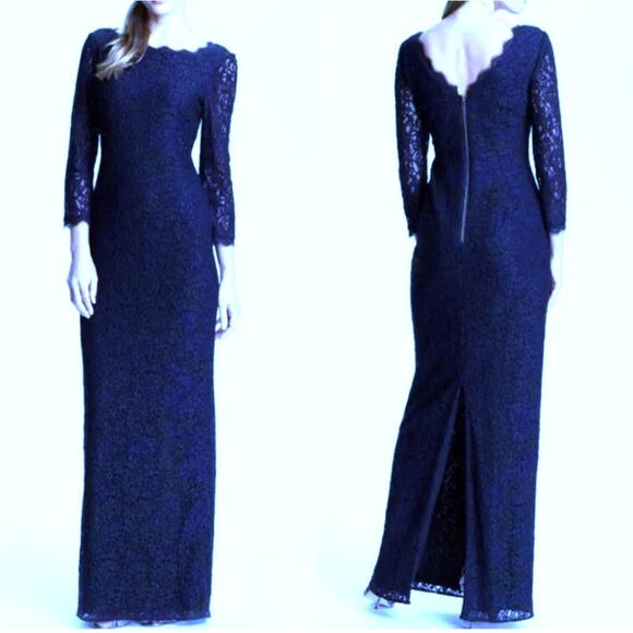 ADRIANNA PAPELL Navy Blue Floral Lace 3/4 Sleeve Evening Gown Maxi Dress Size 4 - Picture 3 of 13